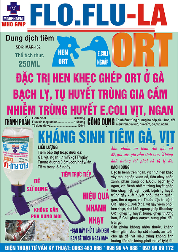 FLO.FLU-LA giải pháp điều trị bệnh hen khẹc ghép ORT ở gà, bạch lỵ, tụ huyết trùng gia cầm, nhiễm trùng huyết e.coli trên vịt, ngan - Tập đoàn Đức Hạnh Marphavet BMG - XEVIP.ICU