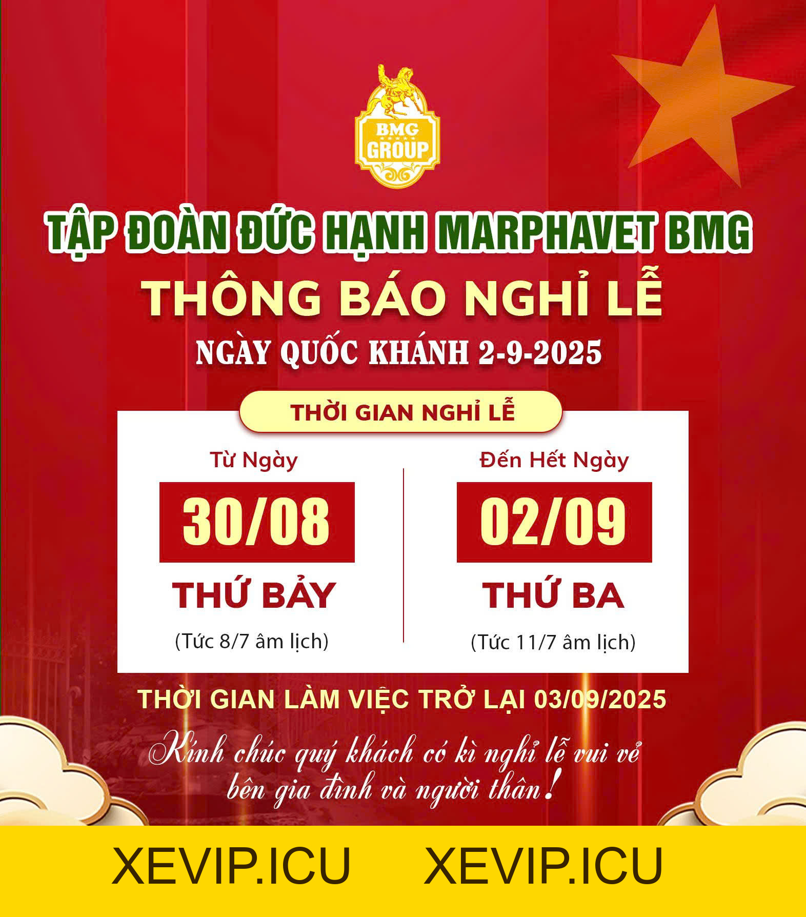 THÔNG BÁO LỊCH NGHỈ LỄ QUỐC KHÁNH 2/9 - Tập đoàn Đức Hạnh Marphavet BMG - XEVIP.ICU