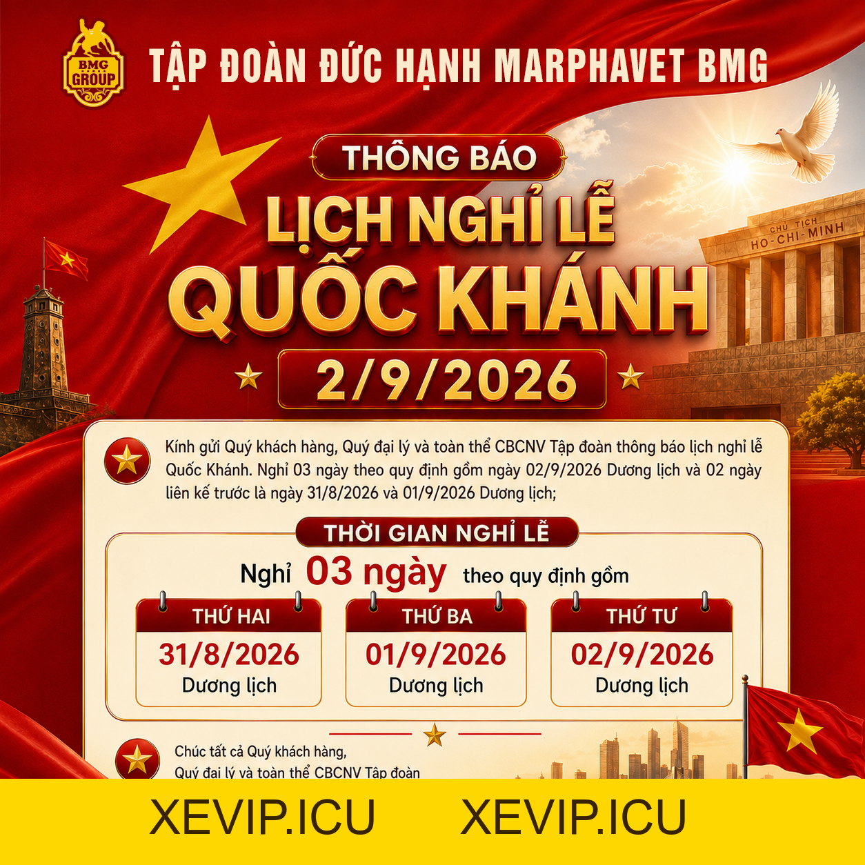 THÔNG BÁO LỊCH NGHỈ LỄ QUỐC KHÁNH 2/9 - Tập đoàn Đức Hạnh Marphavet BMG - XEVIP.ICU